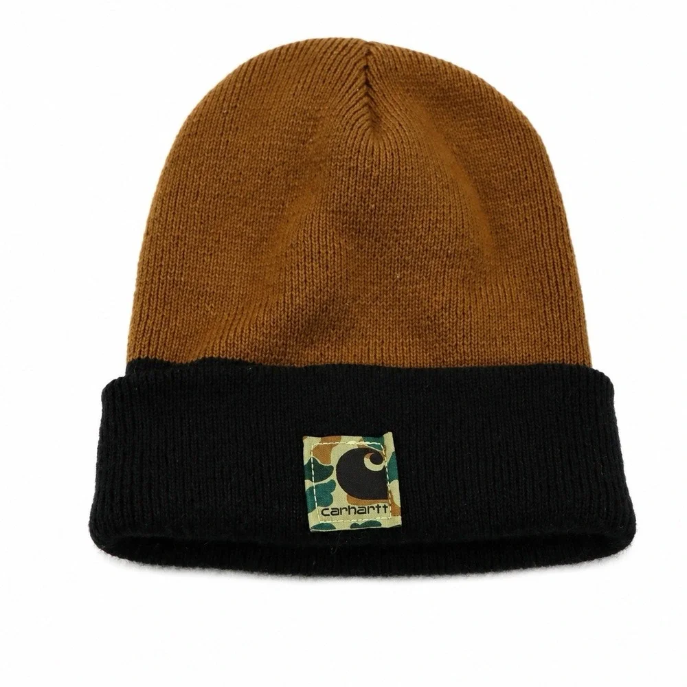Carhartt Youth Beanie Hat Two Tone Brown Black Camo Patch Cuffed Knit Cap Winter